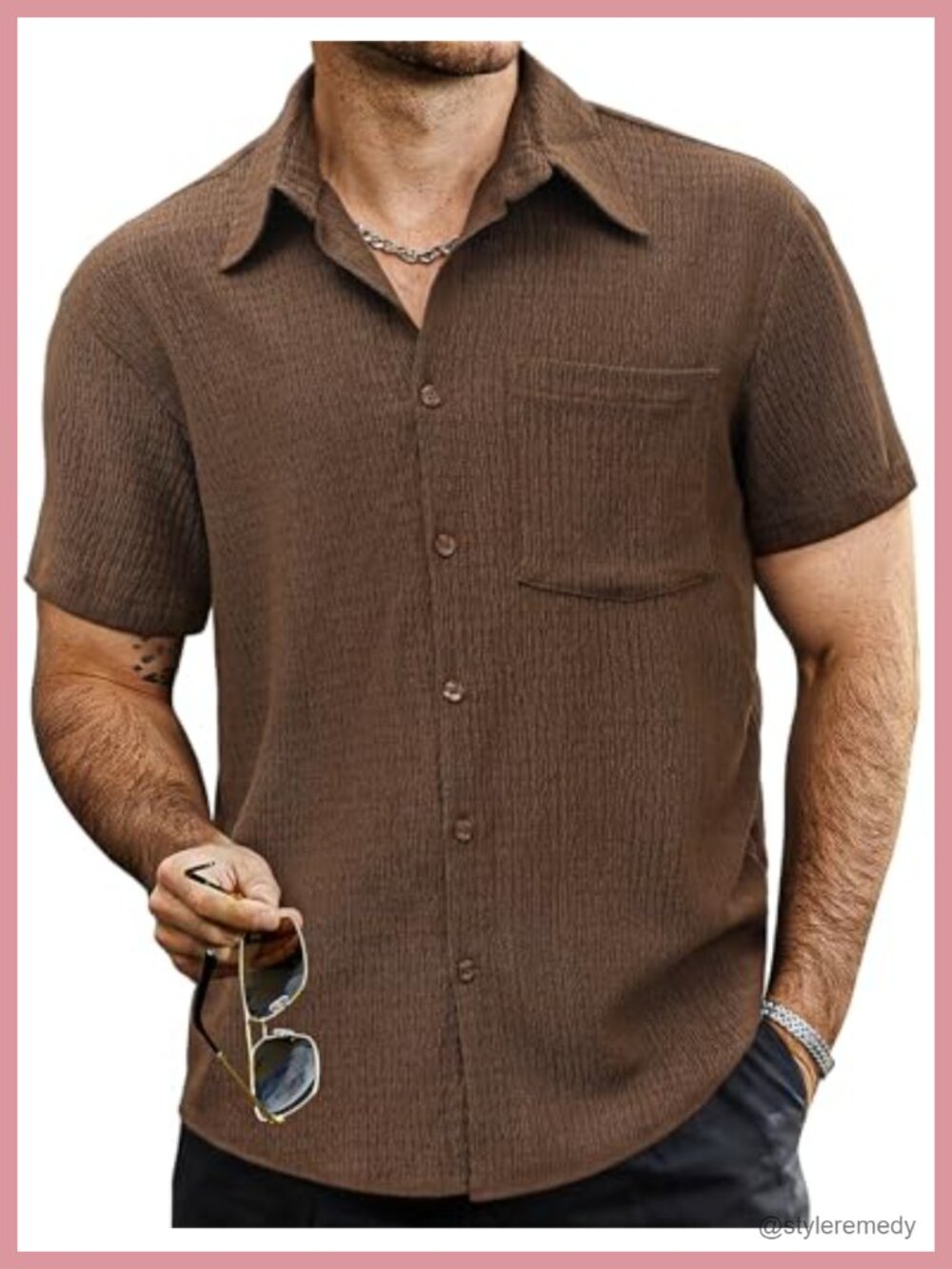 Men's Button Down Short Sleeve Shirt - Striped, Polyester Blend, Casual